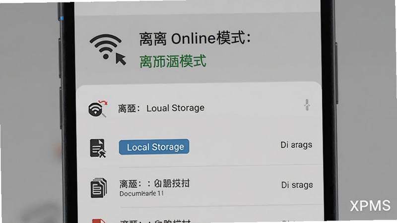 主体为手机屏幕,显示离线模式标识和已下载文档列表,布局为上下结构,上部分为状态提示,下部分为文件列表,排版整齐,风格务实稳重,细节包含Wi-Fi断开图标、本地存储标签和灰色背景,画质清晰,干净,无多余元素,文字“XPMS”在角落
