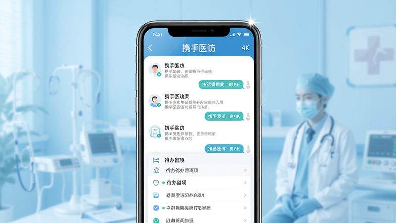 一张展示携手医访医生端App界面的高清概念图,主体为手机屏幕,显示着整洁的医患对话列表和待办事项,背景为柔和的医疗蓝色调,布局清晰,排版现代简约,风格专业洁净,细节包含图标的高光反射,画质4k,干净,无多余元素,文字包含