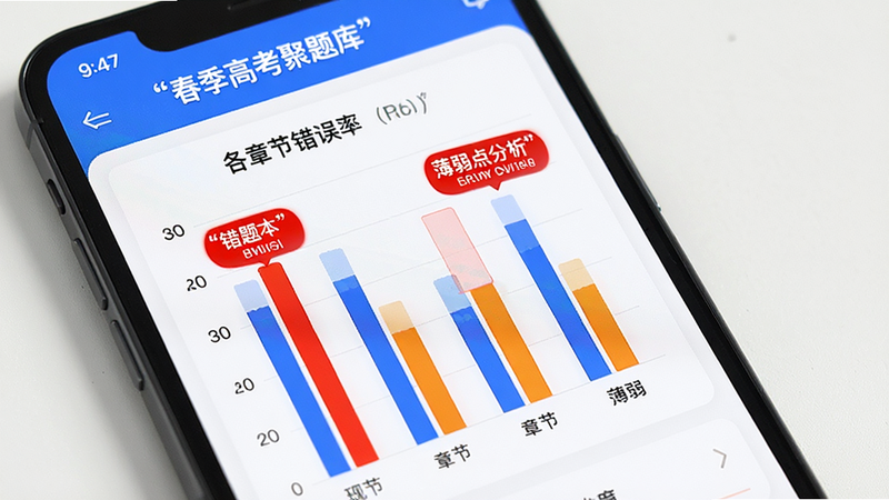 主体为数据分析图表,手机屏幕展示“春季高考聚题库”的错题分析页,布局包含柱状图显示各章节错误率,排版数据可视化风格,色彩鲜明对比,细节显示红色高亮标记的薄弱点,画质清晰,干净界面,文字加引号“错题本”、“薄弱点分析”