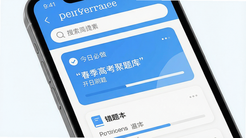 主体为手机屏幕界面,展示“春季高考聚题库”APP首页,布局清晰分为顶部搜索栏、中部“今日必做”卡片和底部“错题本”入口,排版采用扁平化设计风格,色彩以清新蓝白为主,细节展示题目列表和进度条,画质高清,干净无多余元素,文字加引号“春季高考聚题库”、“开始刷题”