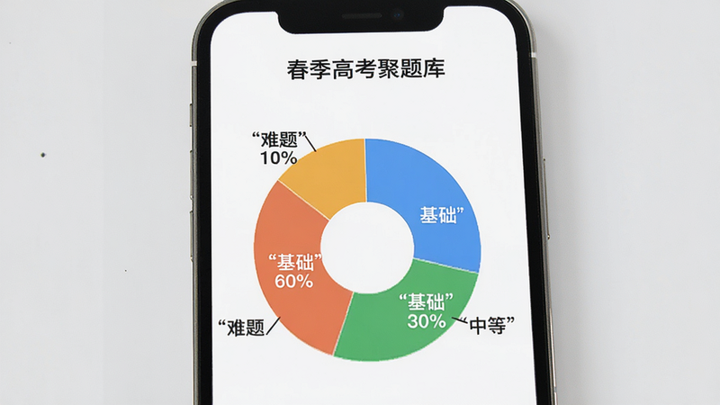 主体为难度评级界面,手机屏幕显示“春季高考聚题库”的题目难度分布图,布局包含饼状图显示基础、中等、难题占比,排版清晰,风格数据化,细节显示百分比标签,画质高清,干净界面,文字加引号“基础60%”、“中等30%”、“难题10%”