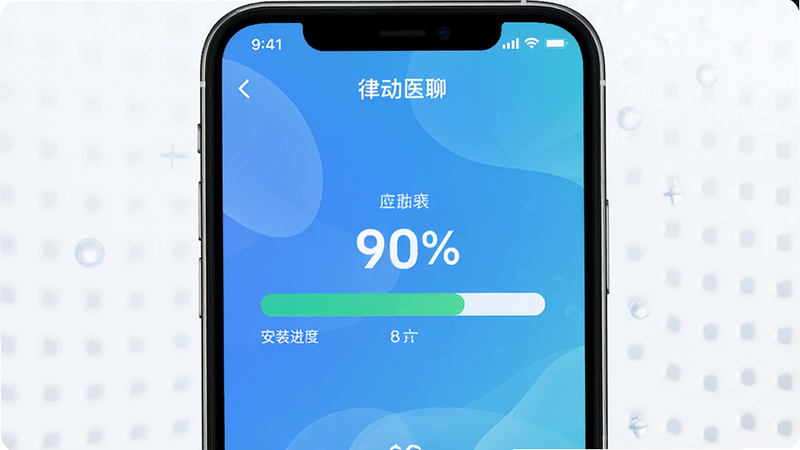 主体为手机屏幕,展示“律动医聊”APP的安装进度条,布局居中,显示安装百分比,风格现代,细节流畅,画质高清,干净,无多余元素