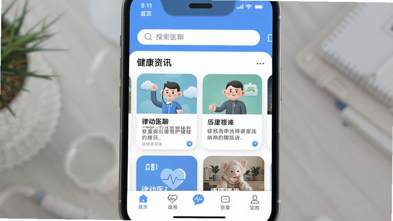主体为手机屏幕界面,展示“律动医聊”APP首页,布局清晰,顶部有搜索栏,中部为健康资讯卡片,底部为导航栏,排版整洁,风格现代简约,细节丰富,画质高清,干净,无多余元素