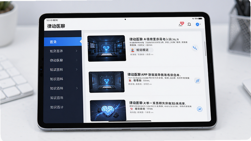 主体为平板电脑界面,展示“律动医聊”APP的知识百科页面,布局为列表形式,左侧为分类目录,右侧为详细内容预览,排版整齐,风格科技感强,细节清晰,画质精致,干净,无多余元素