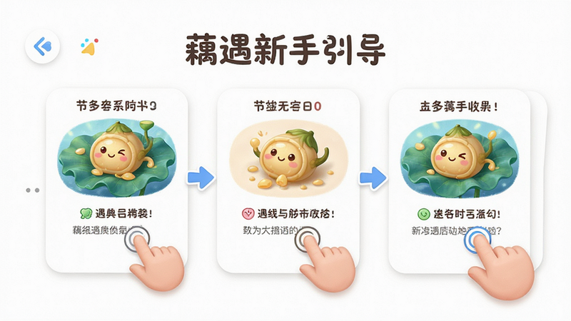 主体为藕遇新手引导界面,布局展示分步骤教程卡片,风格友好亲切,细节包含手指点击图标和箭头指示,背景为白色,画质高清,无复杂背景