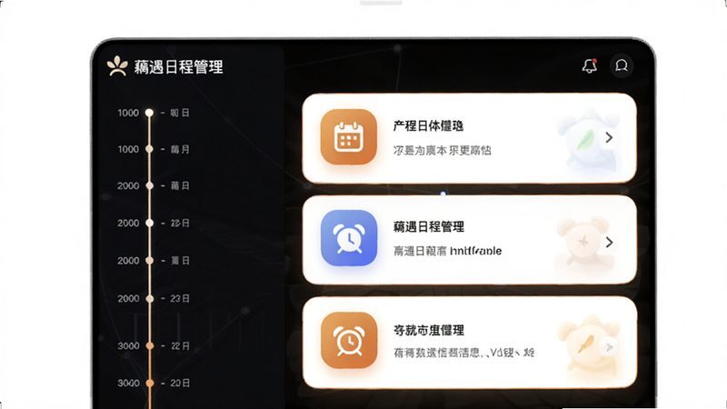 主体为藕遇日程管理界面,布局左侧为时间轴,右侧为事件详情卡片,风格科技感与温馨感结合,细节展示日历图标和闹钟图标,背景为纯白,画质清晰,无多余装饰