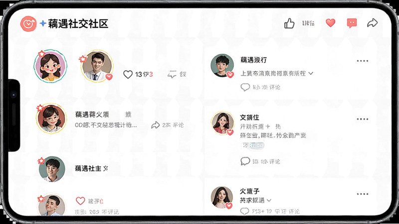 主体为藕遇社交社区界面,布局展示多个用户头像和帖子列表,风格活泼友好,细节包含点赞和评论图标,背景为浅灰色网格,画质高清,无杂乱水印