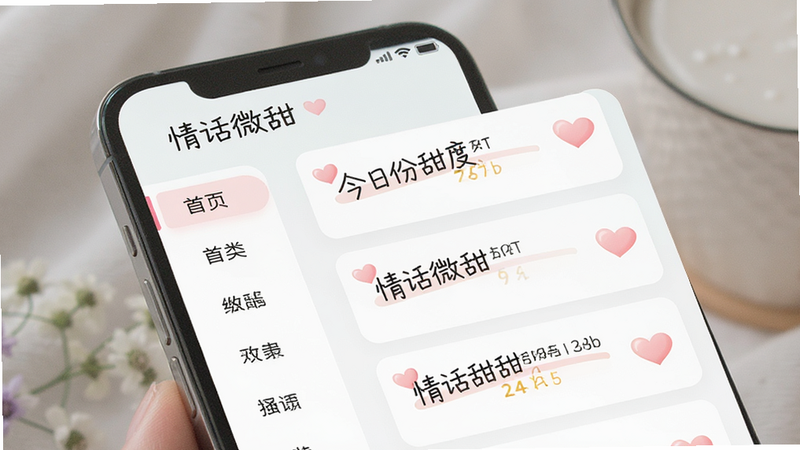 ����Ϊ�ֻ���Ļչʾ���黰΢��APP���棬����������࣬���Ϊ���ർ�������Ҳ�Ϊ�İ��б����Ű���ÿ�Ƭʽ���֣��������������ϸ�ڴ��з�ɫ���ĵ�׺�����ʸ��壬�ɾ��޶���Ԫ�أ����ְ������黰΢�𡱼������շ���ȡ�����