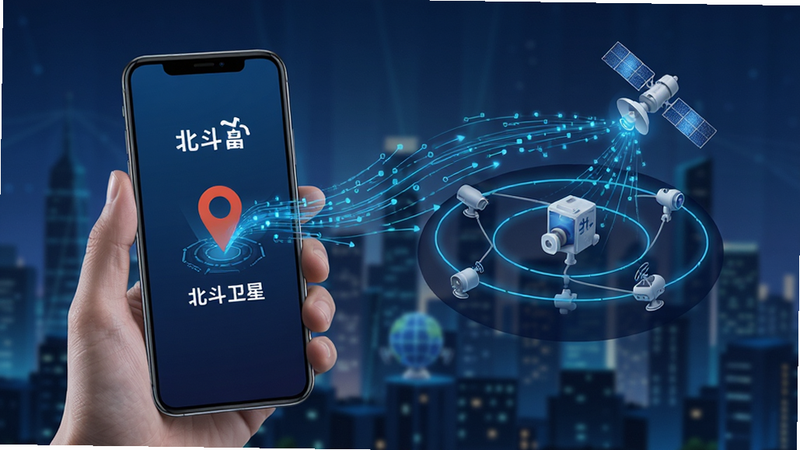北斗卫星定位技术图解 手机屏幕显示精准定位点 北斗卫星轨道示意图 蓝色科技线条 连接手机与卫星 数据流特效 准确位置标记 城市背景 清晰界面 高科技感 4k画质 无杂乱元素