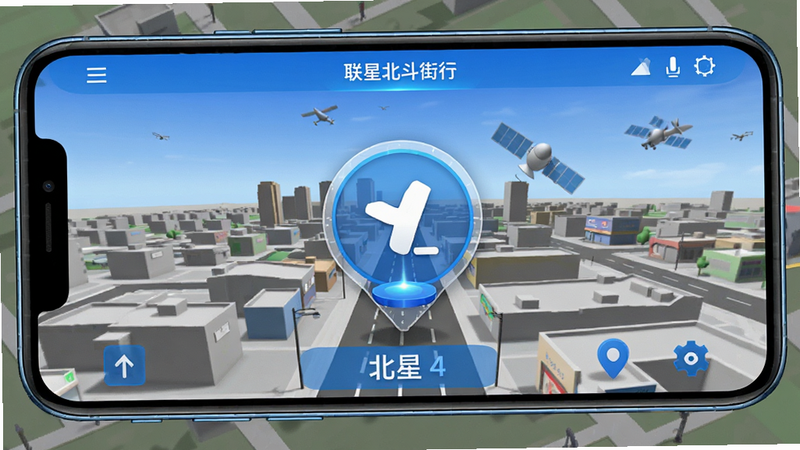 联星北斗街景地图 安卓版 主界面预览 高清 手机屏幕展示 北斗卫星定位图标 三维街景视角 简洁UI设计 蓝色科技风格 清晰文字标签 真实光影效果 4k分辨率 干净背景