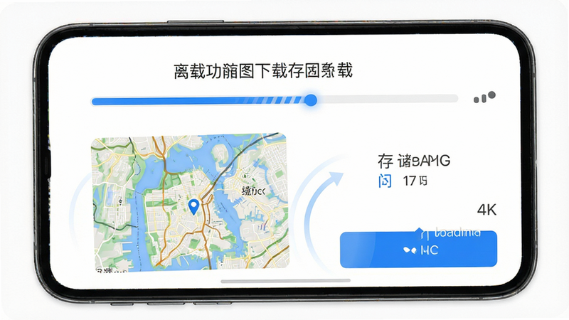 离线地图下载界面 手机屏幕 下载进度条 城市地图预览 无信号图标 存储空间显示 清晰文字提示 简洁白色背景 蓝色按钮 进度加载动画 实用功能展示 4k画质 清晰细节 无干扰元素