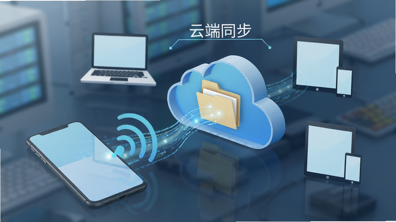 概念图,展示手机屏幕通过无线信号连接云端图标,云图标中透出文件夹图形,周围环绕着笔记本和平板设备剪影,象征跨设备同步,风格现代简约,色调清新,突出数据流动感,文字标注