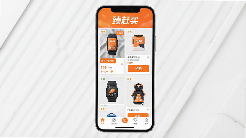 ����Ϊһ����Ϊ������򡱵İ�׿�ֻ�Ӧ�ý���չʾͼ�����ֲ����ִ���ƽ����ƣ�������ʾӦ��Logo������򡱣��в�Ϊ��Ʒ�ٲ����б�������ͼƬ���۸��ǩ�͡���������ť���ײ�Ϊ�������������������ɫ���Գ�ɫ�Ͱ�ɫΪ����ϸ�ڰ��������������Ű�͸߶Աȶȵİ�ť�����ʸ��壬�ɾ����޶���Ԫ��