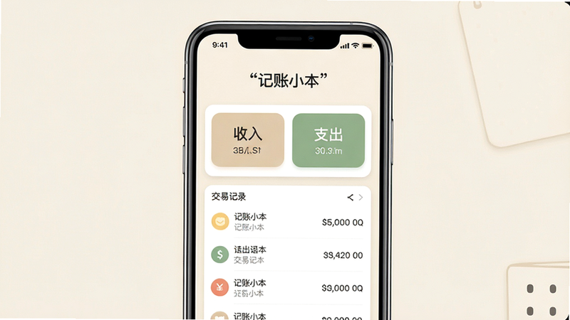 主体为“记账小本”APP的手机界面展示,布局采用居中卡片式设计,背景为淡米色简约风格,排版清晰有序,风格清新扁平化,细节包含“收入”、“支出”两个大按钮及下方的交易记录列表,画质高清,干净,无多余元素,文字“记账小本”加引号