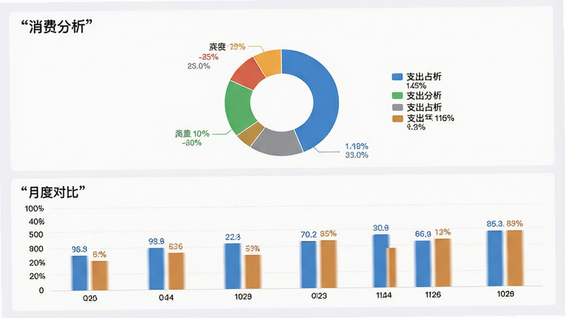 主体为数据分析图表界面,布局分为上下两部分,上部为环形饼图展示支出占比,下部为柱状图展示月度对比,排版对称平衡,风格商务简约,细节包含图例标注和百分比数值,画质高清,干净,无多余元素,文字“消费分析”加引号