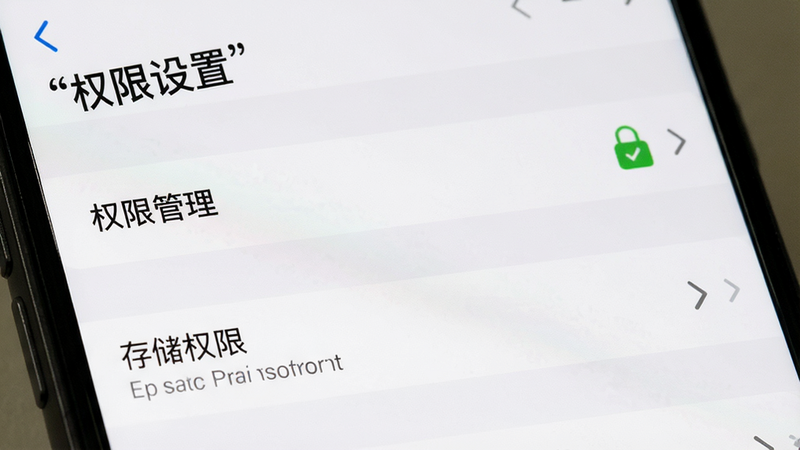 主体为手机设置界面,布局为列表项,排版整齐,风格系统原生风,细节显示“权限管理”和“存储权限”选项,画质清晰,干净,无多余元素,文字“权限设置”加引号