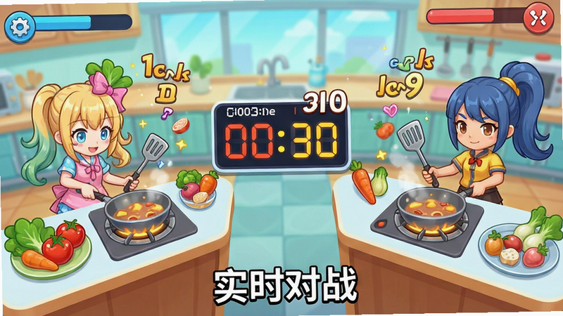 主体为游戏对战场景截图,左右两侧分别是菲比和糯糯的操作台,中间是倒计时显示,角色手持锅铲正在忙碌,周围有得分飘分特效,布局左右对称,风格为明亮清新的卡通画风,细节展现食材的新鲜感,画质清晰,干净,无多余元素,文字“实时对战”位于底部居中