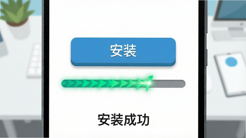 主体为安卓手机安装界面,显示“安装”按钮和高亮进度条,背景为简洁的桌面,布局清晰,风格为扁平化设计,细节展现按钮的立体感和进度条的动画效果,画质清晰,干净,无多余元素,文字“安装成功”位于底部