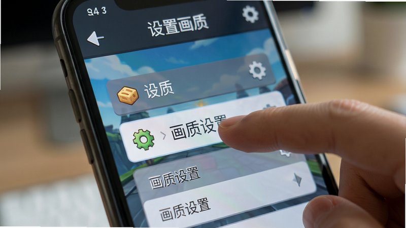 主体为手机屏幕显示游戏设置界面,手指正在点击“画质设置”选项,背景虚化,布局聚焦于屏幕操作,风格为写实与卡通结合,细节展现UI界面的清晰度和手指的动作,画质高清,干净,无多余元素,文字“设置画质”位于顶部
