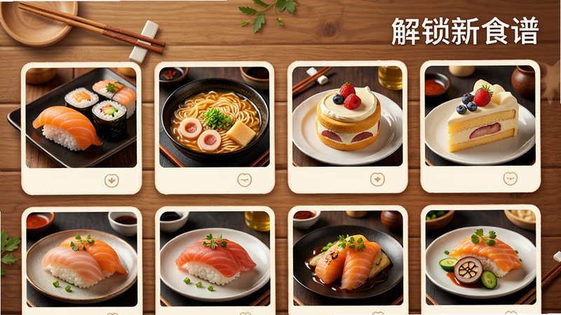 主体为食谱解锁界面,展示多张精美的菜品卡片,包括寿司、拉面、蛋糕等,卡片排列整齐,背景为木质纹理,风格为温馨治愈系,细节展现菜品的诱人色泽,画质高清,干净,无多余元素,文字“解锁新食谱”位于右上角