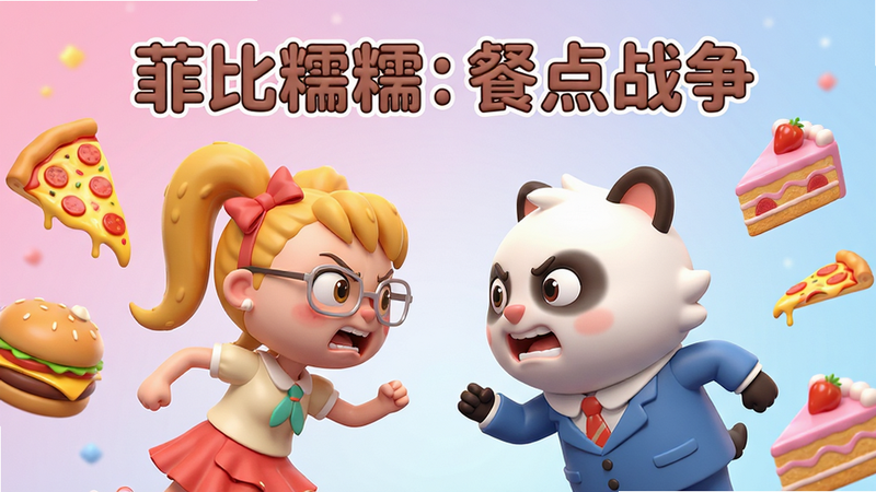 主体为一张明亮温馨的卡通风格海报,中央是菲比和糯糯两个可爱的拟人化角色正在激烈地对峙,周围漂浮着各种诱人的食物元素如披萨、汉堡和蛋糕,背景是柔和的粉蓝色渐变,画面布局居中对称,排版清晰,风格为3D卡通渲染,细节丰富展现食物光泽,画质高清,干净,无多余元素,文字“菲比糯糯:餐点战争”位于顶部居中,字体圆润可爱