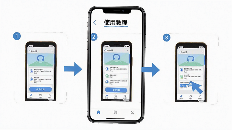 手机应用界面展示“使用教程”页面,包含步骤1、2、3的图示,背景为白色,箭头指示操作方向,风格简洁,细节清晰,画质高