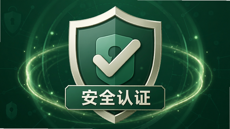 主体为安全认证徽章与手机APP图标,布局中心聚焦,周围环绕保护光环,背景为深绿色安全主题,排版庄重可信,风格专业严谨,细节展示盾牌与对勾符号,画质高清,干净无杂质,文字标注“安全认证”