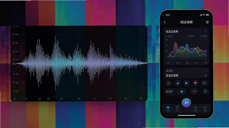 主体为声波可视化图表与手机界面的融合,布局左侧为波形图,右侧为APP操作界面,背景为抽象的音频频谱色块,排版左右呼应,风格前卫艺术,细节展示声波频率变化,画质细腻,无杂音干扰,文字包含“自适应音频”