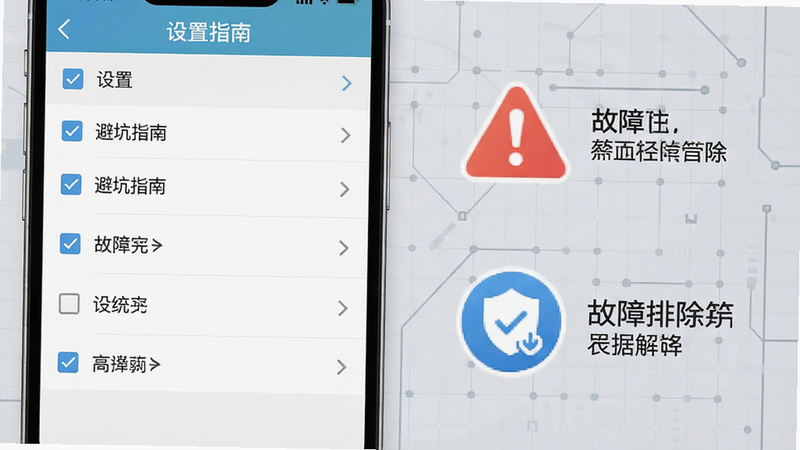 主体为手机设置界面与故障排除图标组合,布局左侧为设置列表,右侧为警示与解决图标,背景为浅灰色科技网格,排版逻辑清晰,风格实用主义,细节展示勾选框与箭头指引,画质清晰,干净无杂乱,文字包含“避坑指南”
