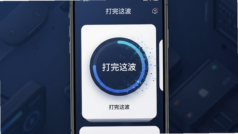 主体为“打完这波”APP的高保真手机界面展示,布局采用居中卡片式设计,屏幕中央显示简洁的圆形进度环与动态粒子效果,背景为低饱和度的深蓝色渐变,排版清晰无杂乱元素,风格现代简约,细节处体现光影质感,画质4k高清,干净无多余装饰,文字内容包含“打完这波”