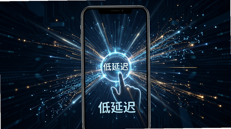 主体为手机屏幕上的高速数据流光效图,布局呈现放射状扩散,中央聚焦于一个发光的交互核心,背景为深色科技风,排版对称平衡,风格具有未来科技感,细节展示光线轨迹与粒子飞散,画质超清,干净利落,文字标注“低延迟”