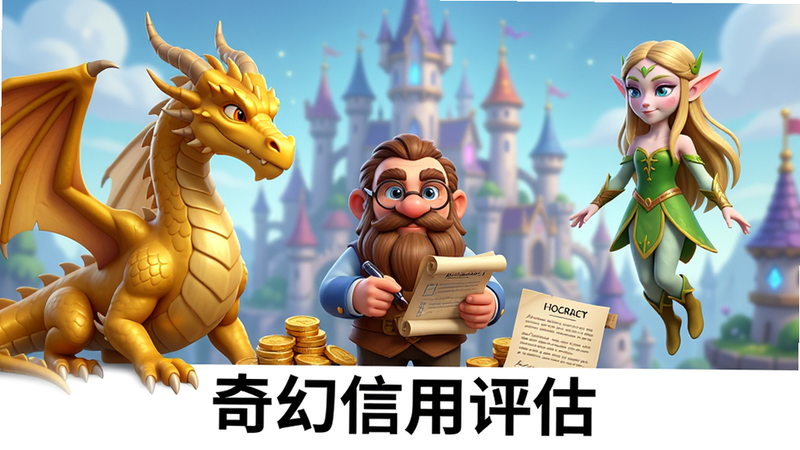 异世界生物群像图,左侧是一条金色巨龙,中间是一个戴眼镜的矮人会计,右侧是一个漂浮的精灵,他们面前摆放着金币和合同,背景是模糊的魔法城市,风格为3D渲染卡通,主体突出,布局三角构图,排版平衡,细节精致,画质清晰,干净,文字“奇幻信用评估”位于底部,字体清晰
