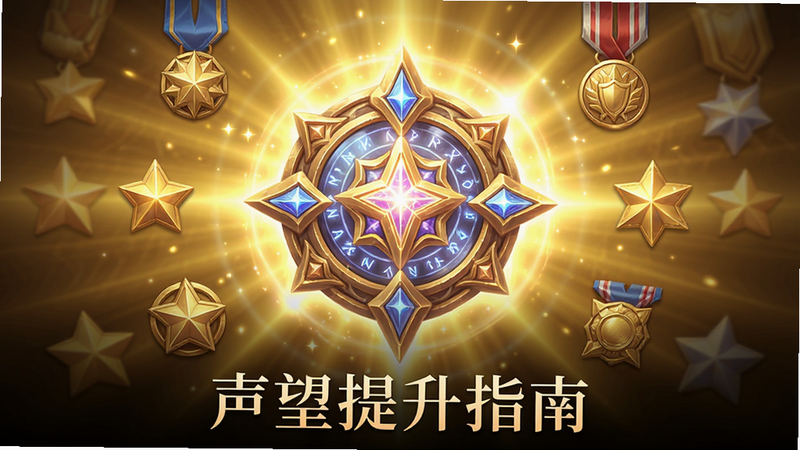 声望等级展示图,画面中央是一个发光的魔法徽章,周围环绕着星星和荣誉勋章,背景是金色的光芒,风格为游戏UI设计,主体为徽章,布局中心对称,排版精致,细节包含光晕效果,画质高清,干净,文字“声望提升指南”位于底部,字体优雅