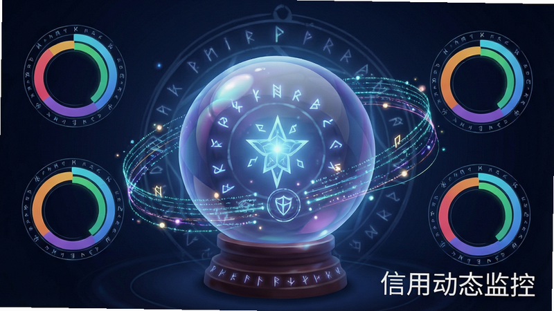 数据可视化界面,显示多个彩色环形信用评分图表,背景是魔法水晶球,周围环绕着数据流线条,风格为科技感与魔法结合,主体为中央的大水晶球,布局对称,排版整齐,细节包含微小的魔法符文,画质高,干净,文字“信用动态监控”位于右下角,字体简洁