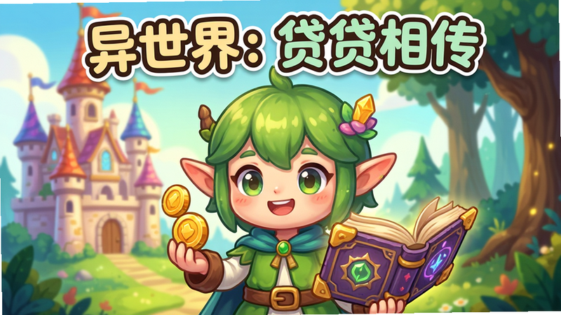游戏主视觉图,画面中央展示一个可爱的异世界精灵角色手持金币和魔法书本,背景是充满奇幻色彩的城堡与森林,色调明亮温馨,风格为2D卡通插画,主体清晰,布局居中,排版简洁,细节丰富,画质高清,干净无多余元素,文字“异世界:贷贷相传”位于顶部中央,字体圆润可爱