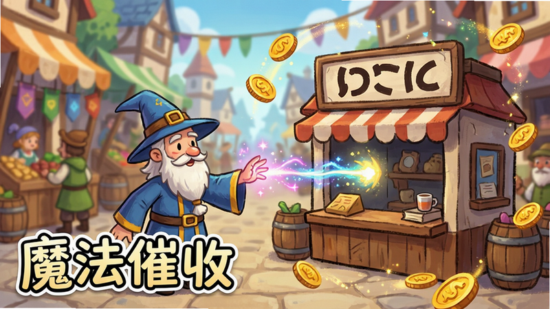 场景互动图,一个巫师正在使用魔法光束连接一个破产的小店,周围有金币飞舞,背景是热闹的异世界集市,风格为卡通手绘,主体为巫师与小店的互动,布局聚焦中心,排版生动,细节丰富如魔法粒子效果,画质精细,干净,文字“魔法催收”位于左下角,字体活泼