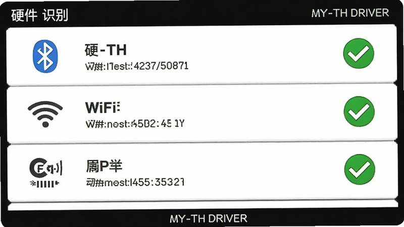 ����ΪMY-TH DRIVERӲ��ʶ����棬���ֲ����б�ʽ���У���ʾ������WiFi��NFC��ͼ�꼰���ƣ��Ҳ�����ɫ�Թ���ʾʶ��ɹ����Ű�������򣬷��Ϊ��������磬ϸ��չʾӲ���ͺŴ��룬�����������ɾ������ְ���