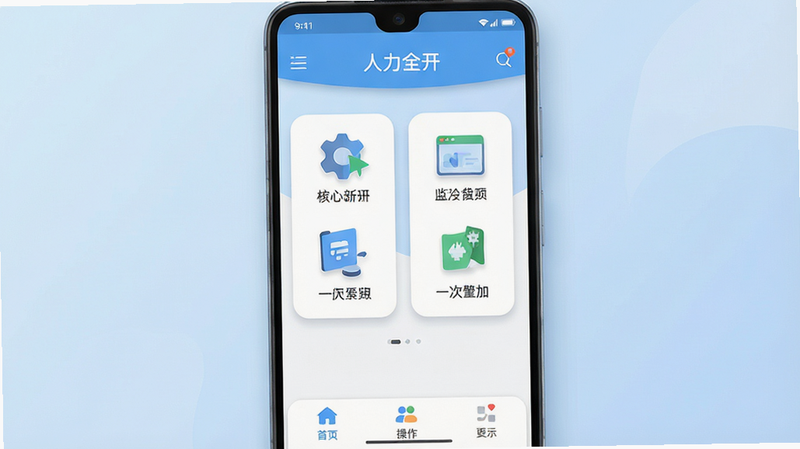 一张高清现代扁平化风格的软件界面展示图,主体是人力全开安卓应用的首页截图,布局清晰,包含顶部导航栏、中间核心功能图标和底部操作区,背景为柔和的浅蓝色渐变,细节处有微妙的阴影效果,画质高清,干净无多余元素,文字