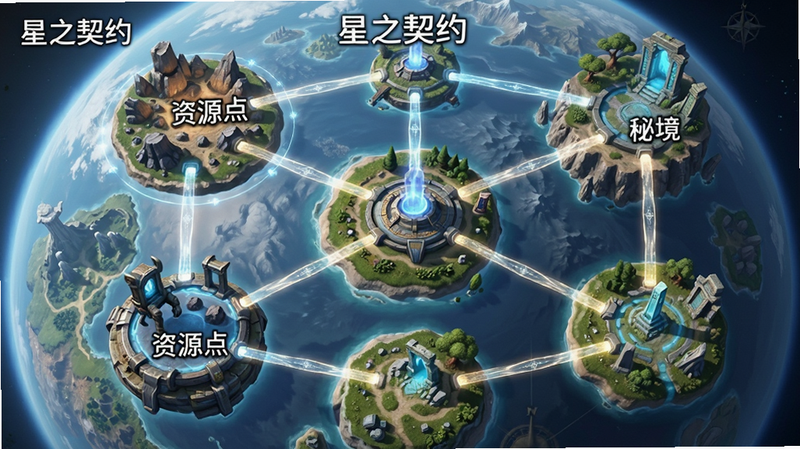 《星之契约》开放世界地图的俯视图,展示多个不同地貌的星球节点,节点间由光带连接,部分节点标注了“资源点”和“秘境”字样,画面明亮,色彩丰富,风格写实,画质清晰,无多余元素