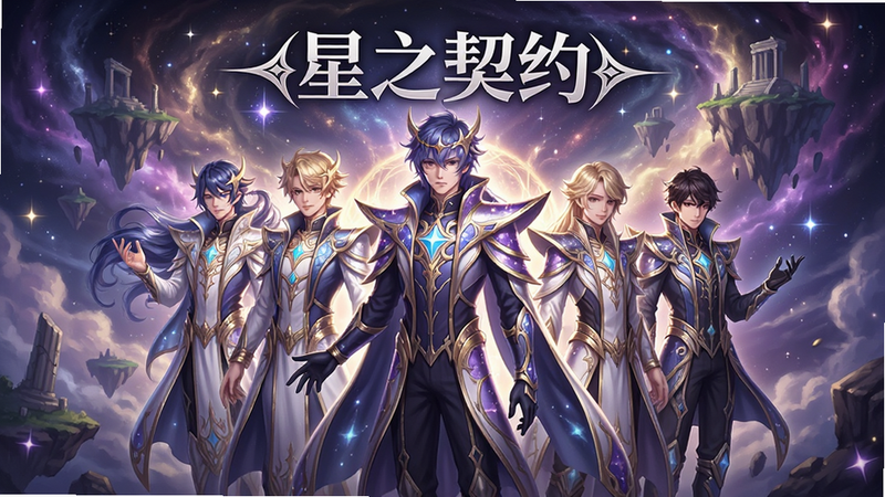 一张展示《星之契约》游戏主界面的宣传图,画面中央是几位身着华丽星灵服饰的角色立绘,背景是璀璨的星云与悬浮岛屿,整体色调为深紫与亮金交织,风格唯美梦幻,画质高清,无多余文字元素