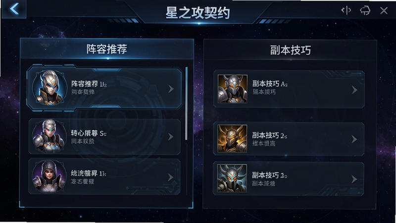 《星之契约》游戏内攻略界面示意图,展示“阵容推荐”与“副本技巧”两个标签页,内容以列表形式呈现,背景为深色星空,文字清晰易读,风格科技风,画质高清,无多余装饰