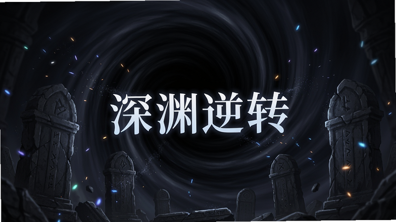 主体为《幻境转生》深渊副本入口,巨大的黑色漩涡在背景中旋转,前景是几块破碎的石碑,布局具有纵深感,排版紧凑,风格暗黑奇幻,细节处有粒子特效,画质高,干净,无多余元素,文字