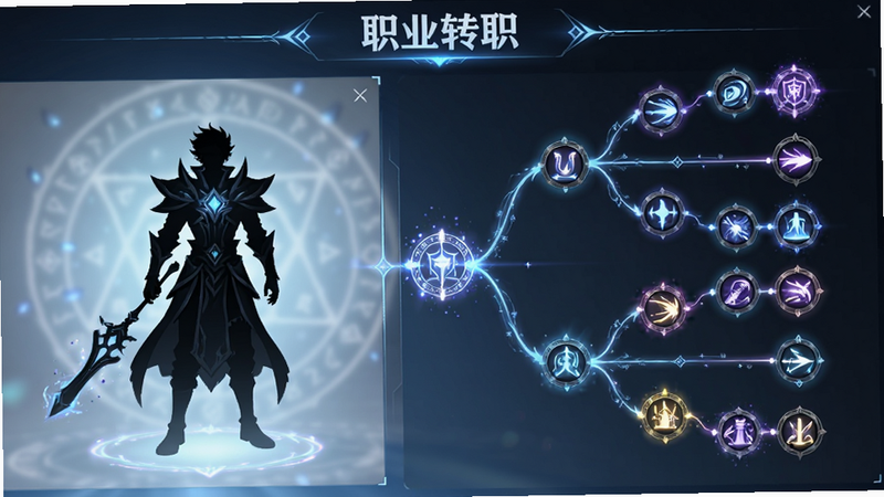 主体为《幻境转生》职业转职界面,左侧是角色剪影,右侧是多个分叉的技能树图标,布局对称,排版整齐,风格科技感与魔法感结合,细节处有发光效果,画质清晰,干净,无多余元素,文字