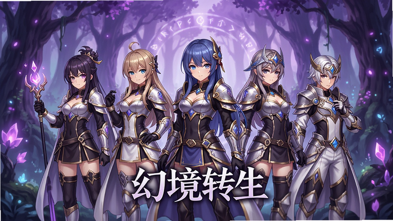 主体为《幻境转生》游戏主界面,中央展示几位穿着精致战斗服的动漫角色,背景是神秘的紫色魔法森林,布局清晰,角色立绘突出,排版居中,日系二次元风格,细节丰富,光影柔和,画质高清,干净,无多余元素,文字
