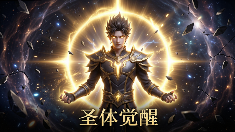 主体为《幻境转生》角色觉醒瞬间,角色周身环绕金色光环,背景是破碎的空间,布局聚焦中心,排版突出角色,风格神圣庄严,细节处有光效粒子,画质极清,干净,无多余元素,文字