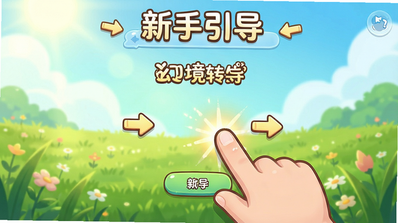 主体为《幻境转生》新手引导界面,手指点击屏幕的动画效果,背景是明亮的草地,布局简洁,排版清晰,风格卡通可爱,细节处有引导箭头,画质清晰,干净,无多余元素,文字