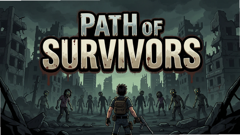 一张高清的2D横版游戏宣传图,主体是'Path of Survivors'游戏标题,背景是破败的城市废墟和远处的僵尸群,前景是一名手持武器的主角背影,色调阴暗压抑,细节丰富,画质清晰,无多余水印