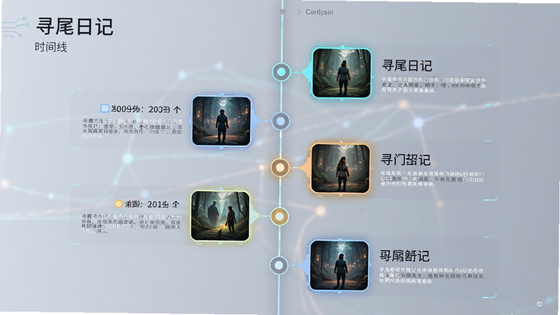 展示寻尾日记的时间线功能,主体为垂直排列的时间轴节点,每个节点旁配有缩略图与文字摘要,布局清晰直观,排版紧凑有序,风格科技感与人文结合,细节高亮显示重要节点,画质清晰,干净,无多余元素