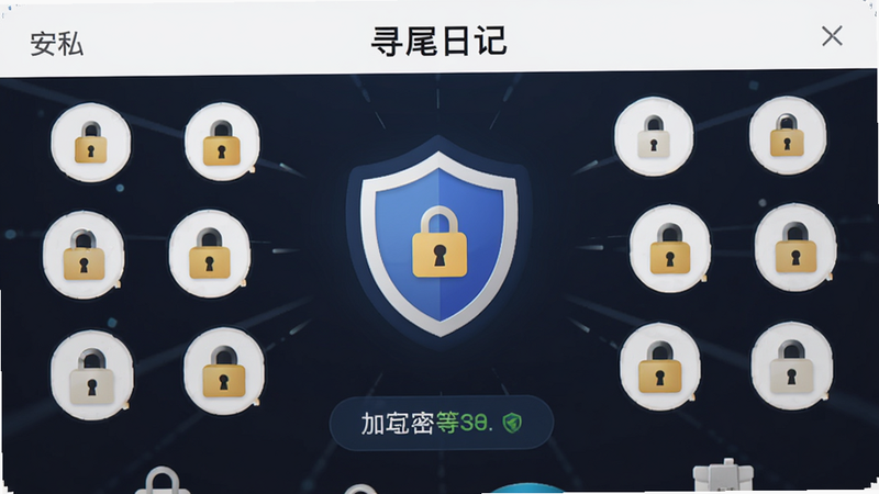 寻尾日记的隐私设置界面,主体为一个盾牌图标居中,周围环绕着锁形图标,布局对称平衡,排版严谨,风格安全感强,细节展示加密等级标识,画质细腻,干净,无多余元素