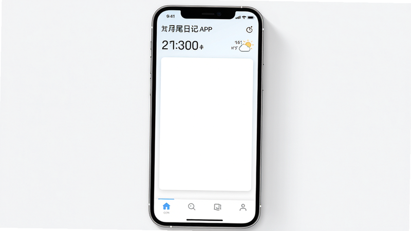 主体为寻尾日记APP的主界面截图,布局采用上下结构,顶部显示日期与天气,中间是大面积的空白书写区域,底部是简洁的工具栏图标,排版留白充足,风格清新简约,细节处有柔和的阴影效果,画质高清,干净,无多余元素